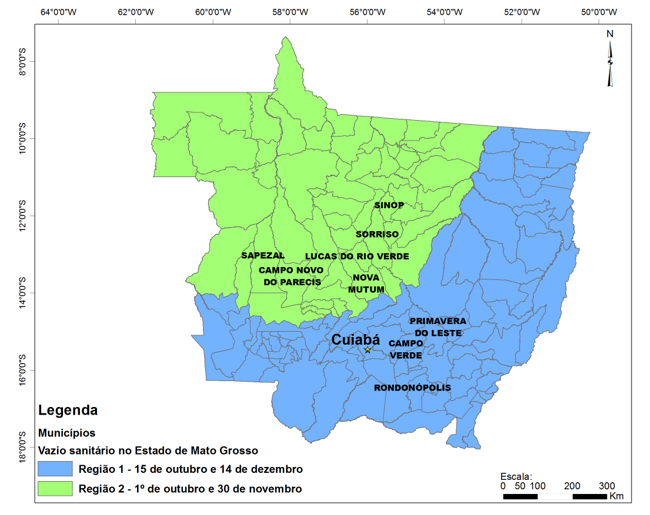 Figura 1 - Mapa do Mato Grosso com as duas regiões distintas do vazio sanitário (Região 1 e Região 2) e respectivos municípios. (Imagem por: Antonio Oliveira).