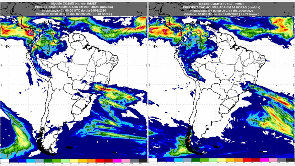 Previsão de chuva acumulada (mm) de segunda-feira (14/9) até o final de quarta-feira (16/9); fonte: Inmet