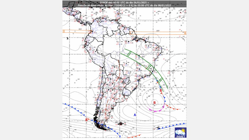 Figura 1 - carta sinótica de superfície do dia 06/Jan/2025 às 00 UTC