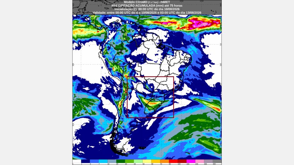 Previsão de chuva acumulada (mm) até as 00h (horário de Brasília) de quinta-feira, 13 de agosto de 2026; fonte: Inmet