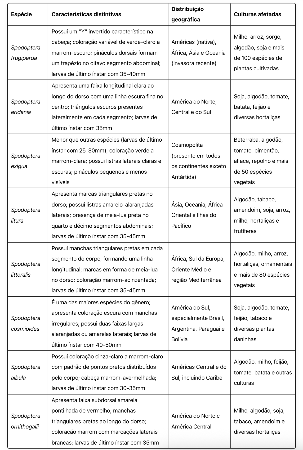 Algumas espécies do gênero <i>Spodoptera</i>