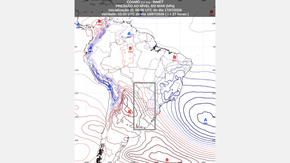 Previsão da pressão ao nível do mar às 0h (horário de Brasília) de sábado, 18 de julho de 2026, proveniente do modelo de previsão numérica do tempo Cosmo; fonte: Inmet