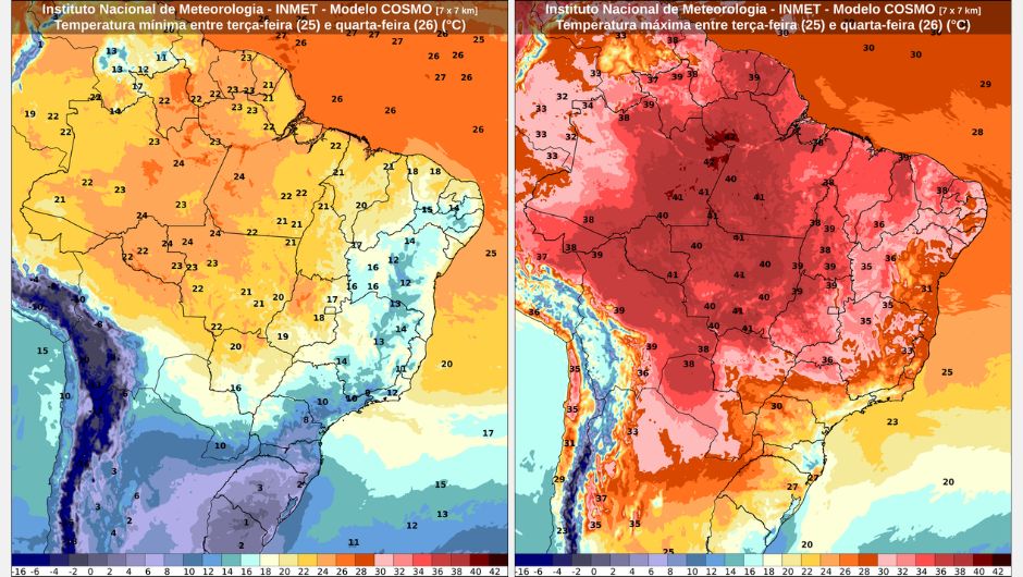 Previsão de temperatura mínima entre terça-feira (25) e quarta-feira (26) e previsão de temperatura máxima entre terça-feira (25) e quarta-feira (26); fonte: Inmet