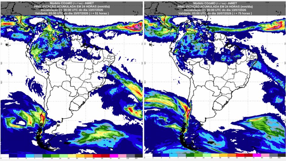 Mapa de previsão de chuva acumulada em 24 horas para o dia 14 de julho de 2026 e 15 de julho de 2026, proveniente do modelo de previsão numérica do tempo Cosmo; fonte: Inmet