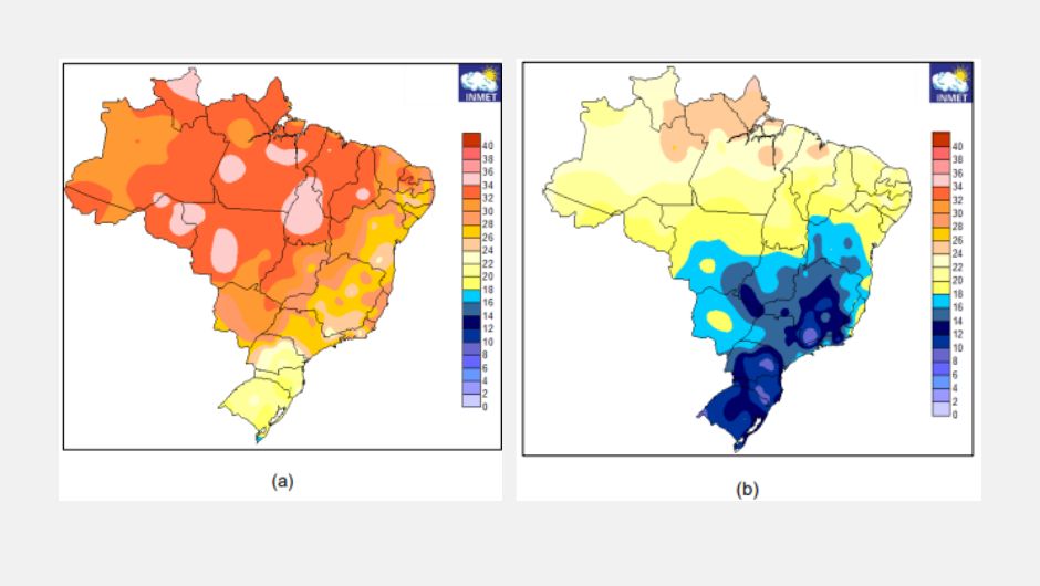 Temperatura máxima (a) e mínima (b) média do ar (°C) em junho de 2024; fonte: Inmet