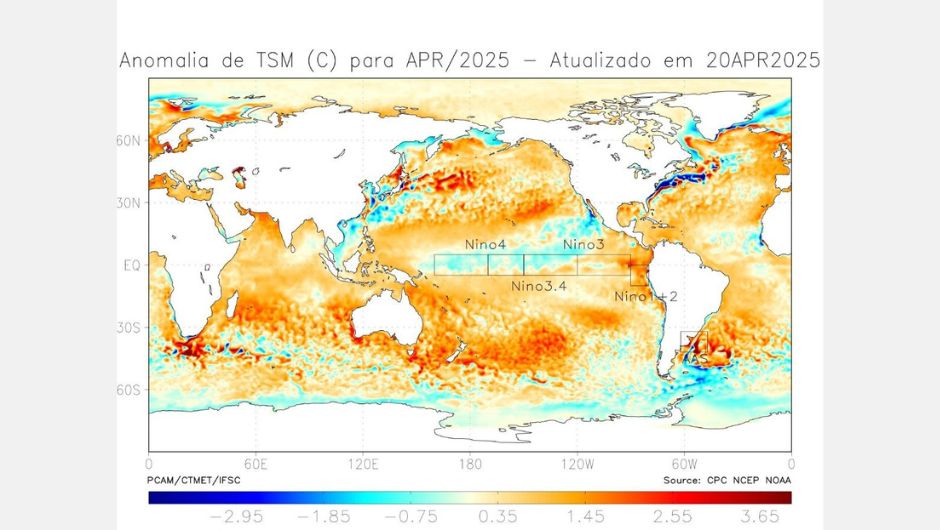Figura 2 - anomalia da TSM no Pacifico e Atlântico, 01 a 20 de abril de 2025 fonte: IFSC