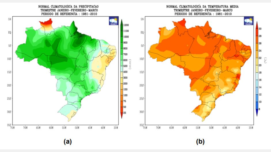 Climatologia de (a) precipitação (mm) e (b) temperatura média do ar (°C) para o trimestre dezembro, janeiro e fevereiro. Período de referência: 1981-2010; fonte: Inmet