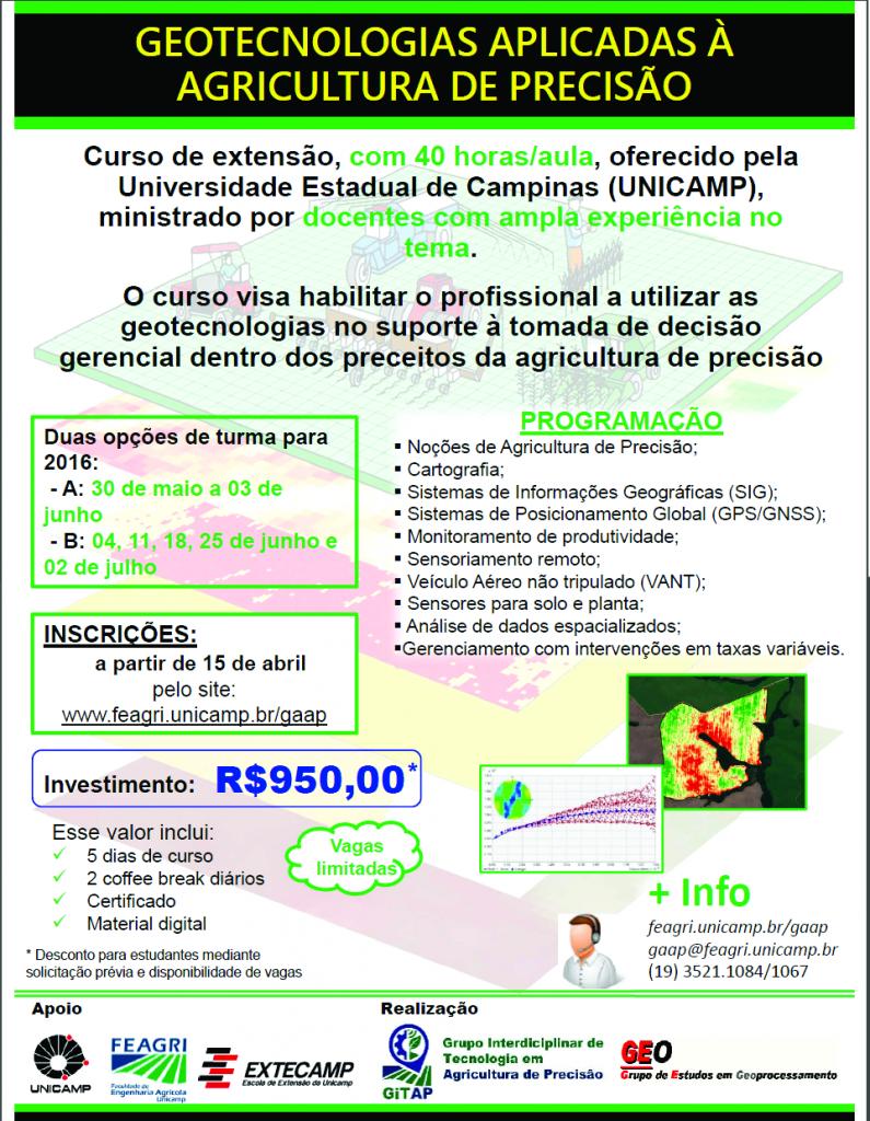 Unicamp oferece curso em Geotecnologias Aplicadas à Agricultura de Precisão