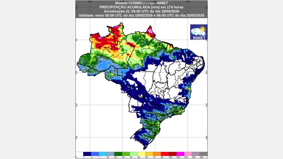 Figura 1: previsão de chuva acumulada (18 a 25 de maio de 2026); fonte: Inmet