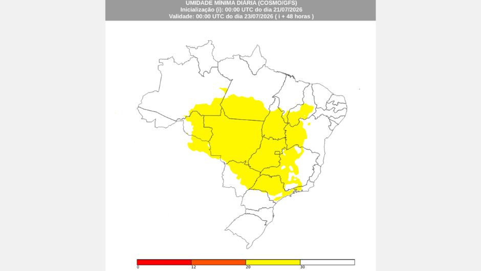 Previsão de valores mínimos de umidade relativa do ar abaixo de 30% destacados em amarelo, para a tarde de quarta-feira, 22 de julho de 2026, obtida a partir dos modelos de previsão numérica de tempo Cosmo e GFS; fonte: Inmet
