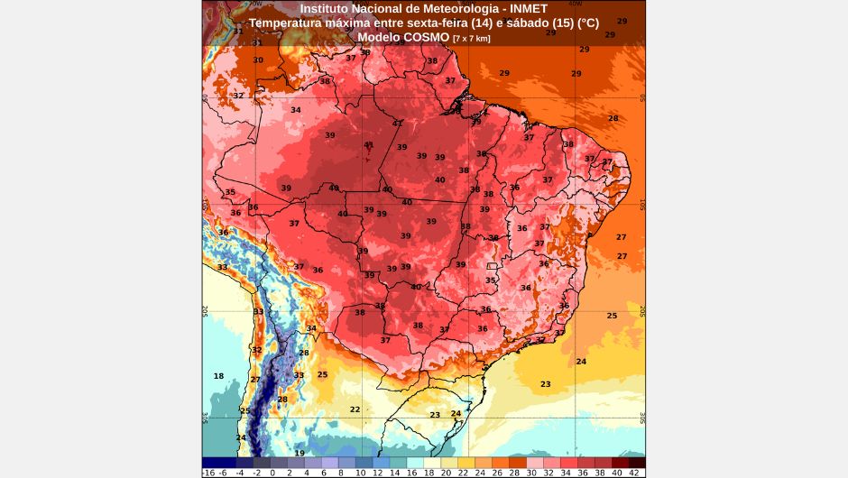 Previsão de temperatura máxima pelo modelo Cosmo entre sexta-feira (14) e sábado (15)
