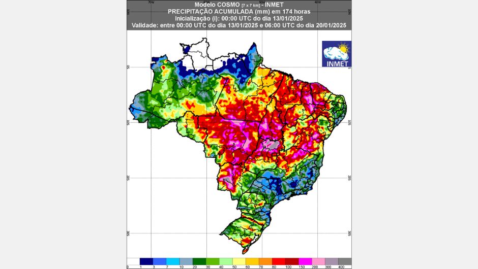 Figura 1: previsão de chuva (13 a 20 de janeiro de 2025); fonte: Inmet