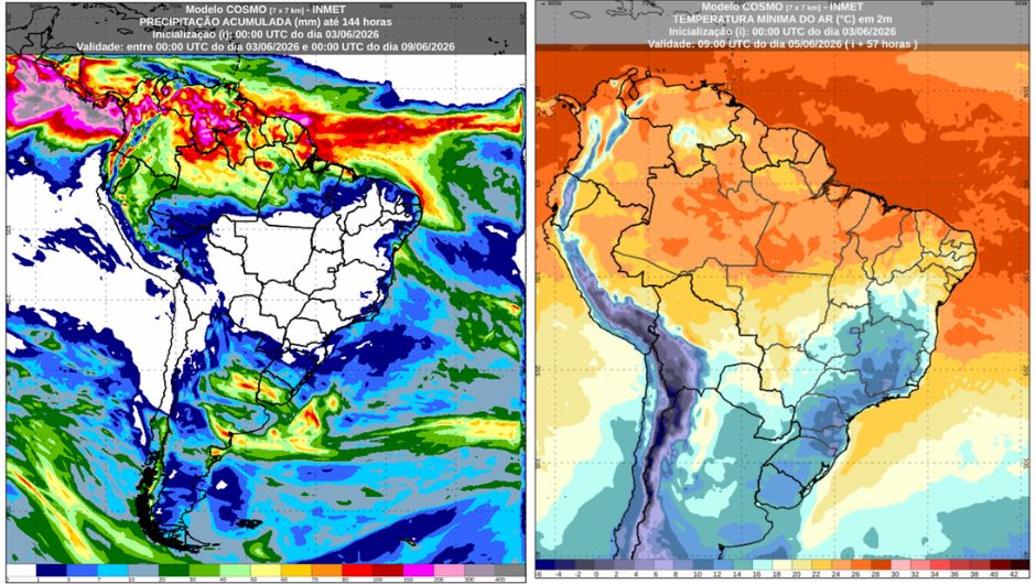 Chuva acumulada prevista entre quinta (4) e segunda (8) (esquerda) e previsão de temperatura mínima para sexta (5); modelo Cosmo; fonte: Inmet