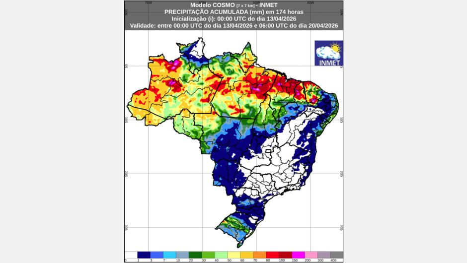 Figura 1: previsão de chuva acumulada (13 a 20 de abril de 2026); fonte: Inmet