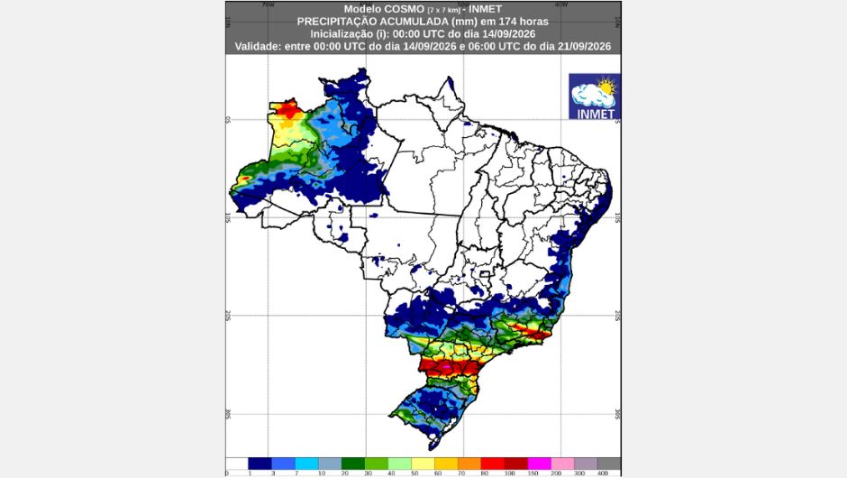 Previsão de chuva acumulada (14 de setembro a 21 de setembro de 2026); fonte: Inmet