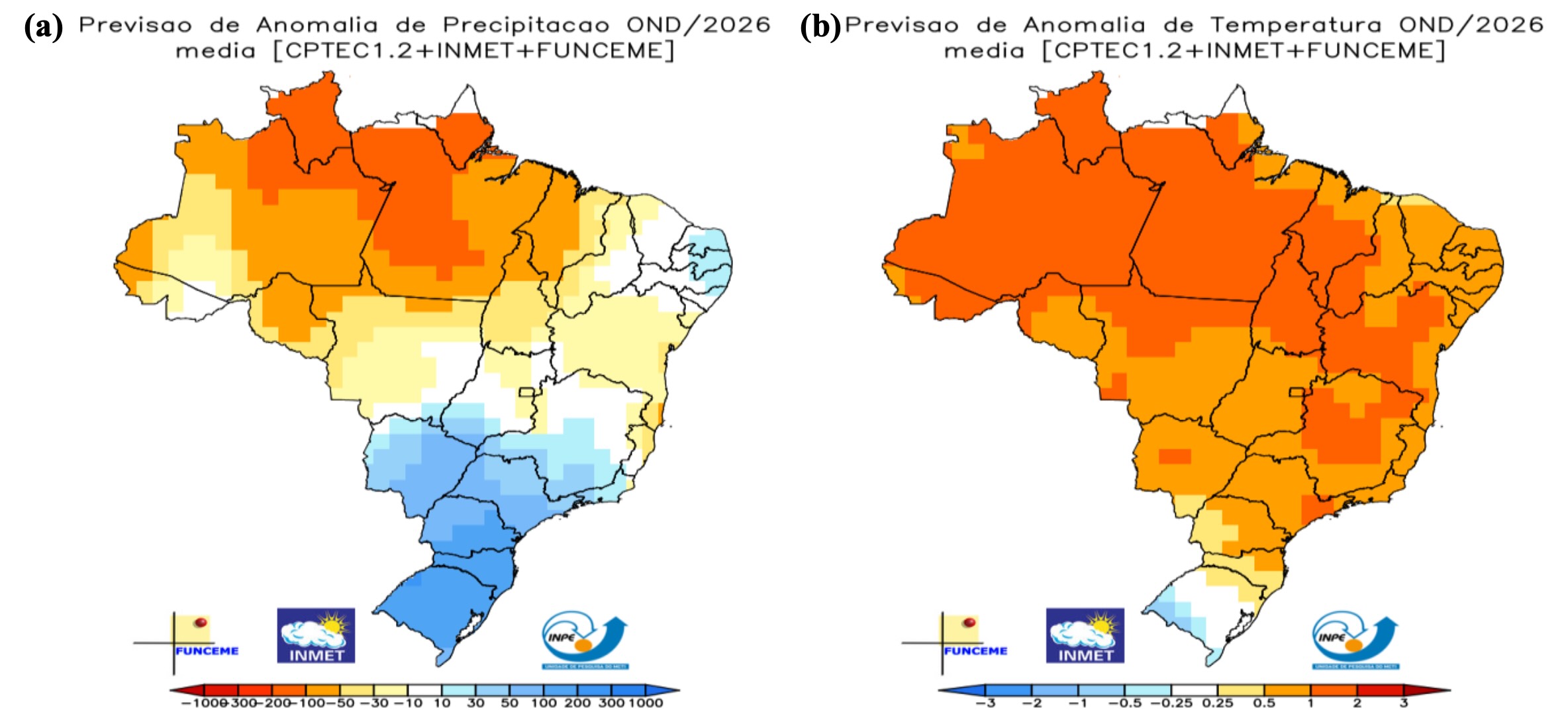 Previsão de anomalias de (a) precipitação (mm) e (b) temperatura média do ar (°C) para o trimestre outubro, novembro, dezembro/2026, produzida conjuntamente pelo Inmet, Cptec/Inpe e Funceme