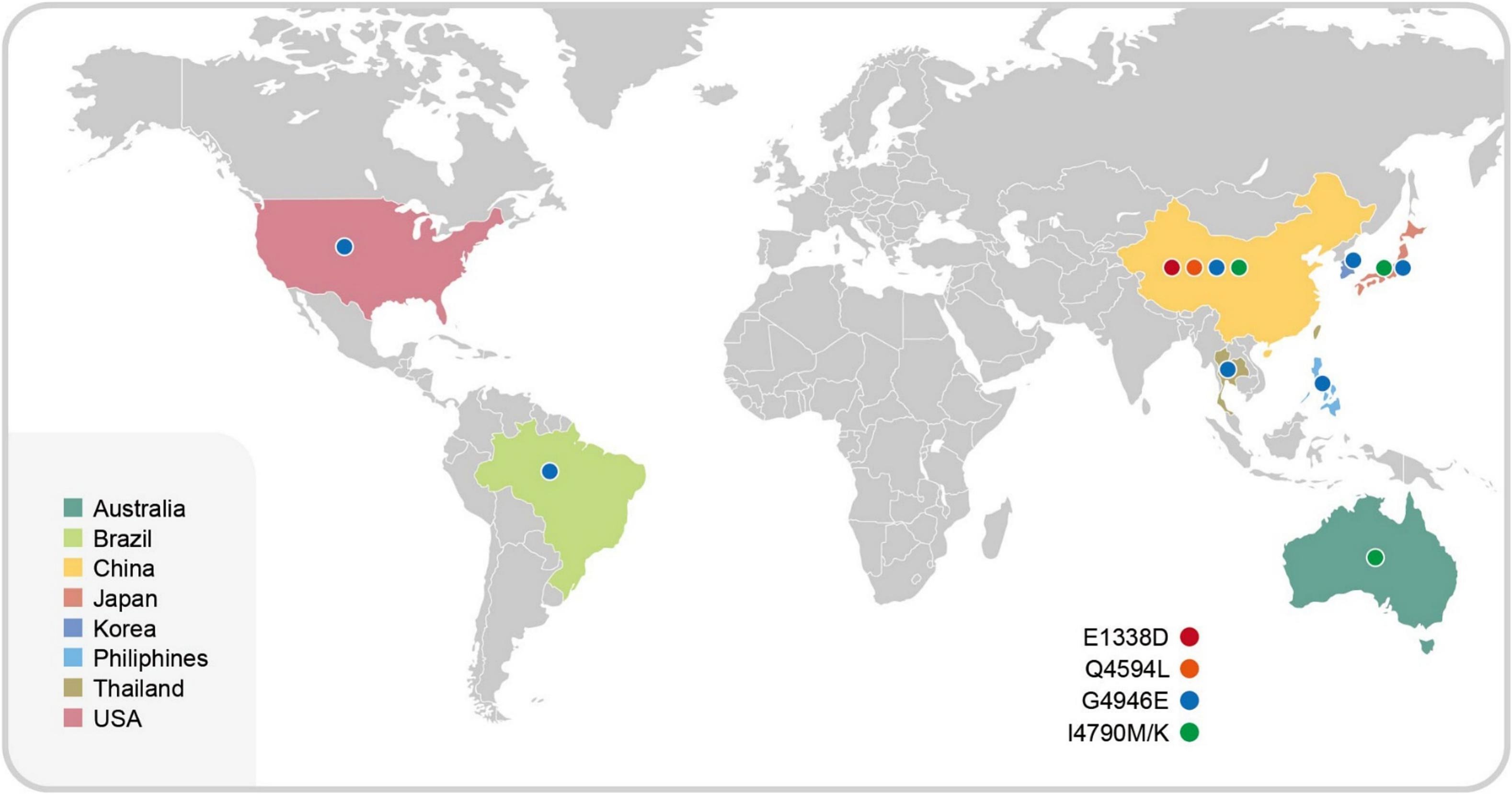 Distribuição global de mutações significativas do gene RyR de <i>P. xylostella</i> associadas à resistência à diamida. Os círculos coloridos representam diferentes substituições de aminoácidos com base na similaridade estrutural e funcional. Os círculos são plotados sobre os países onde as mutações correspondentes foram relatadas em populações de campo ou em linhagens de laboratório. As coordenadas da mutação referem-se à proteína RyR de <i>P. xylostella</i> para manter a consistência entre os estudos -&nbsp;doi.org/10.1016/j.pestbp.2025.106629