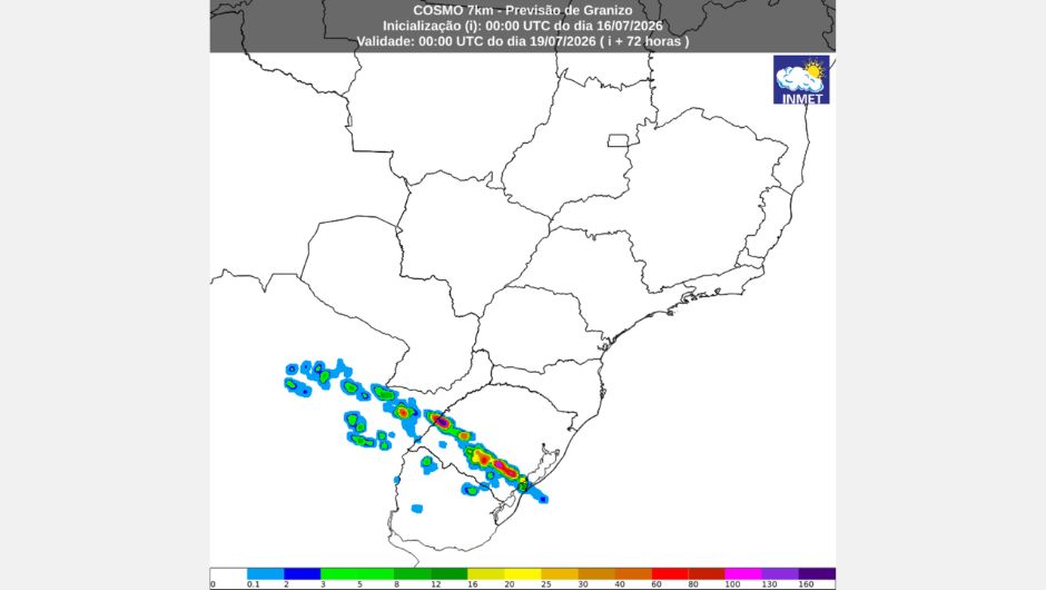 Mapa de previsão de granizo para 21h (horário de Brasília) de 18 de julho de 2026, proveniente do modelo de previsão numérica do tempo Cosmo