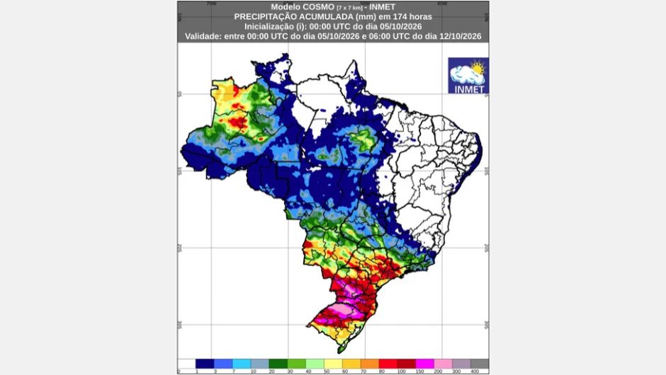 Previsão de chuva acumulada (5 de outubro a 12 de outubro de 2026); fonte: Inmet