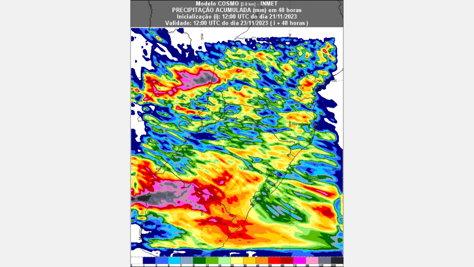 Figura 1: mapa de chuva acumulada em 48h, até as 9h do dia 23/11, pelo modelo Cosmo 2,8 km