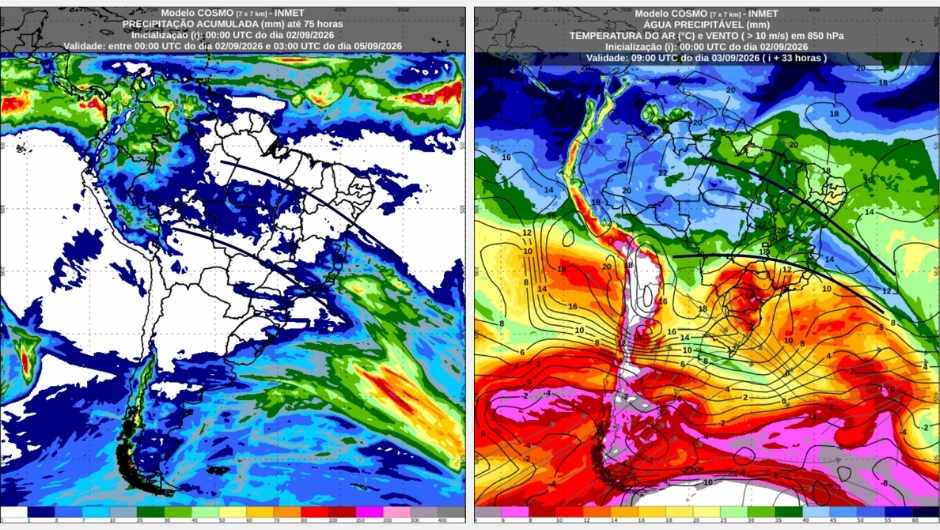 Previsão de chuva acumulada (mm) de quarta-feira (2) até o final da sexta-feira (4) e água precipitável (mm) prevista para o começo da manhã de quinta-feira (3)
