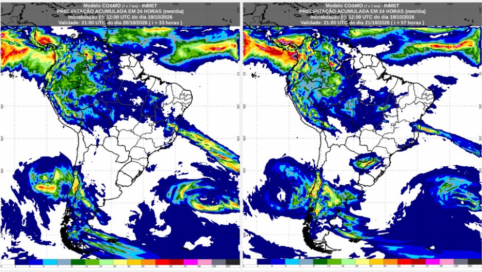 Previsão de acumulados de chuva entre segunda-feira (19/10) e quarta-feira (21/10), conforme o modelo numérico de previsão do tempo Cosmo; fonte: Inmet
