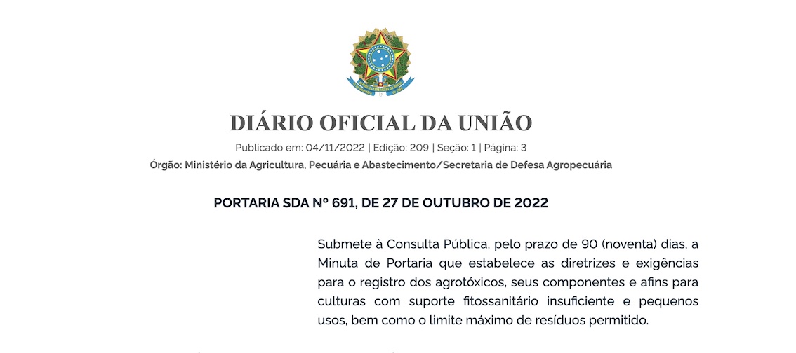 Aberta consulta pública sobre registro de defensivos para culturas com suporte fitossanitário insuficiente