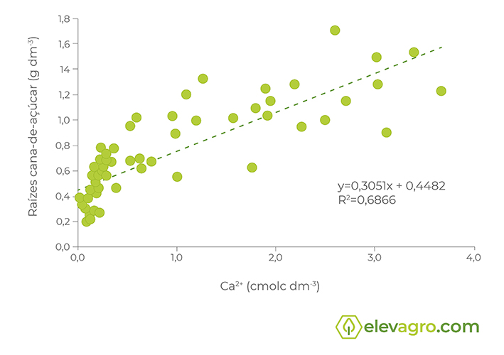 Figura 2 - Disponibilidade de cálcio no perfil do solo e massa de raízes de cana-de-açúcar de primeiro corte cultivada em Latossolo Vermelho. Fonte: Modificado de Araújo et al, 2016