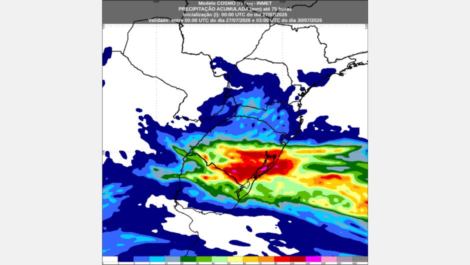 Previsão de precipitação acumulada (mm) entre 21h (horário de Brasília) de 27 de julho e 00h de 30 de julho de 2026, com destaque para a região Sul do Brasil, obtida a partir do modelo de previsão numérica de tempo Cosmo; fonte: Inmet