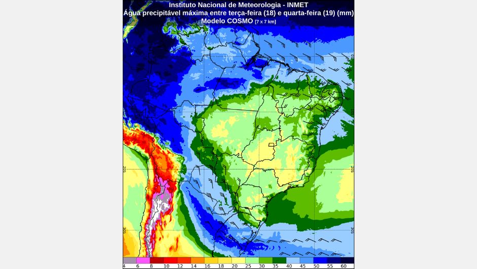 Previsão do campo do valor máximo de água precipitável (quantidade de água disponível para precipitação, em milímetros), entre terça-feira (18) e quarta-feira (19); fonte: Inmet