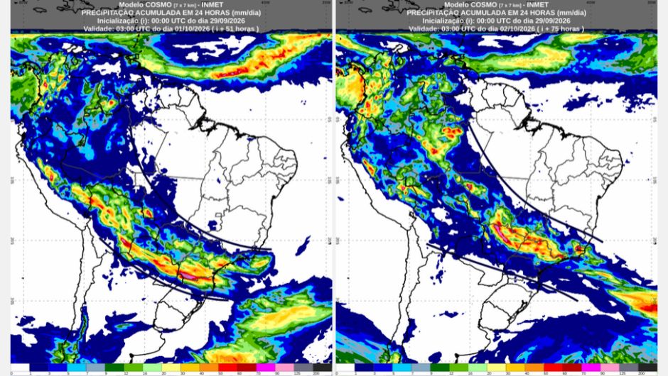 Previsão de acumulados de chuva para quarta (30/9) e quinta-feira (31/9), conforme o modelo numérico de previsão de tempo Cosmo; fonte: Inmet