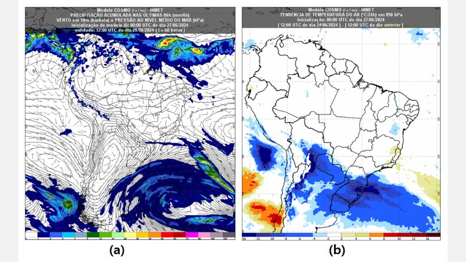 Figura 1: precipitação (chuva), em milímetros (mm) e pressão atmosférica pelo modelo Cosmo 7 km entre a sexta-feira (28) e o sábado (29): (a) às 9h (horário de Brasília) de sábado (29) e (b) a tendência da temperatura em 1.500m