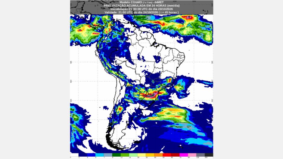 Previsão de acumulados de chuva para sábado (24/10), conforme o modelo numérico de previsão do tempo Cosmo; fonte: Inmet