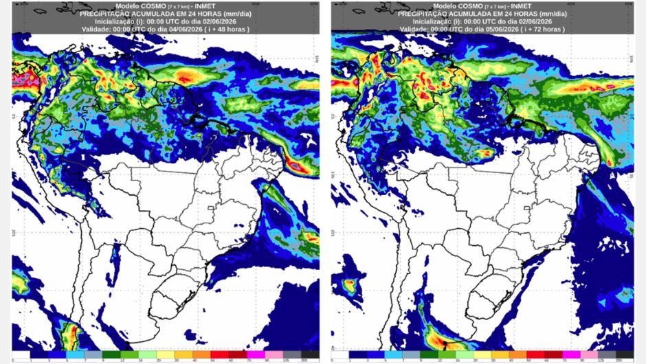 Chuva acumulada prevista para o dia 3 (esquerda) e dia 4 (direita) do modelo Cosmo; fonte: Inmet