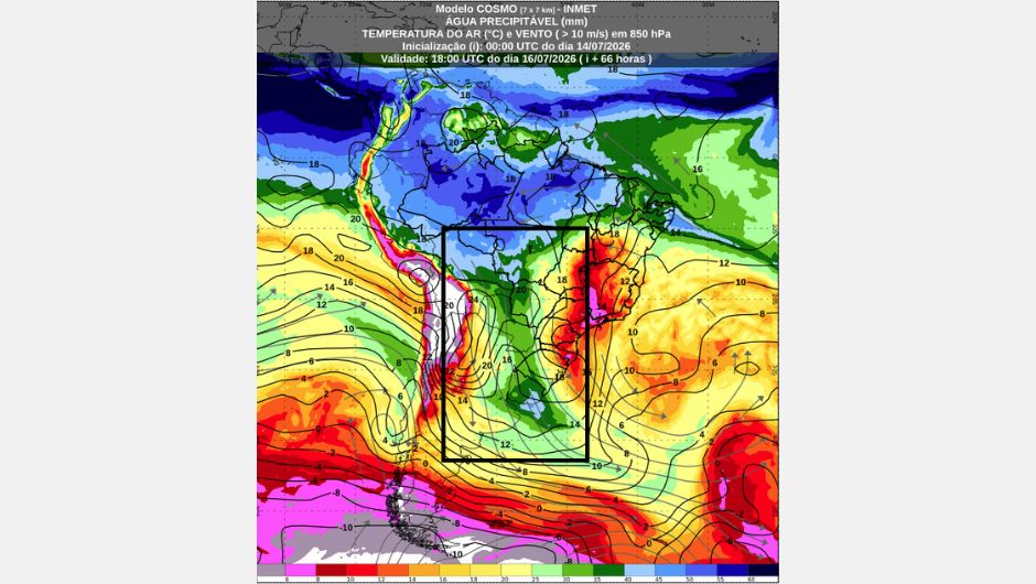 Mapa de previsão de água precipitável (quantidade de água disponível na atmosfera) para 15h do dia 16 de julho de 2026, proveniente do modelo de previsão numérica do tempo Cosmo