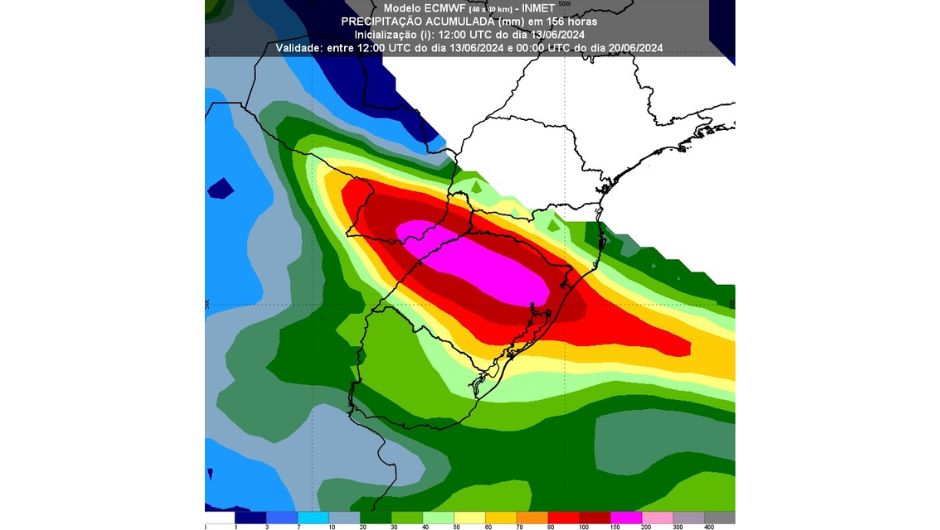 Figura 2: precipitação (chuva) acumulada, em milímetros (mm), até 144h, das 9h (horário de Brasília) desta quinta-feira (13) até 21h da quarta-feira (19) pelo ECMWF