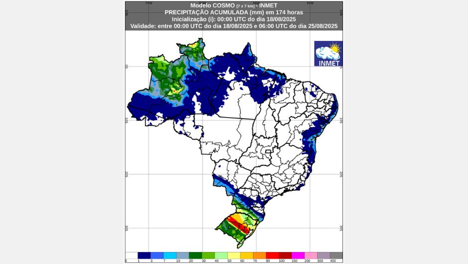 Figura 1: previsão de chuva acumulada (18 de agosto a 25 de agosto de 2025); fonte: Inmet