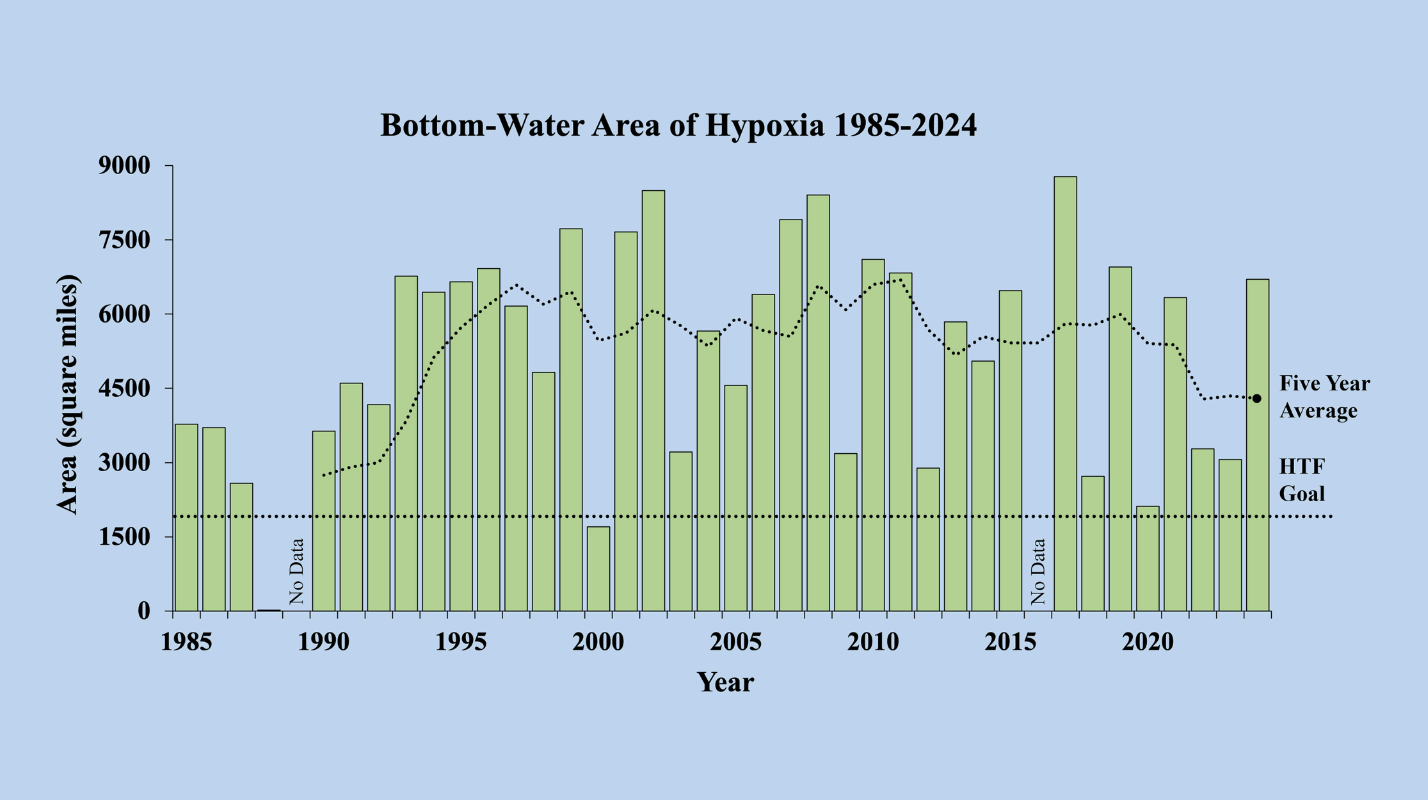 Tamanho medido em longo prazo da zona hipóxica (barras verdes) durante as pesquisas de navios desde 1985, incluindo a meta estabelecida pela Força-Tarefa de Nutrientes da Bacia Hidrográfica do Rio Mississippi/Golfo do México e o tamanho médio medido em 5 anos (linhas tracejadas pretas) - Fonte:&nbsp;NOAA/LUMCON/LSU