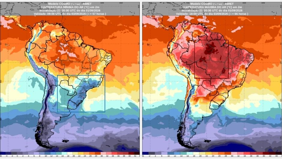 Previsão de temperatura mínima na manhã de quinta-feira (3) e previsão de temperatura máxima durante a tarde de quinta-feira (3)