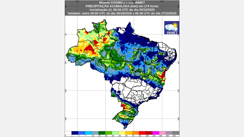 Figura 1: previsão de chuva acumulada (20 a 27 de outubro de 2025); fonte: Inmet