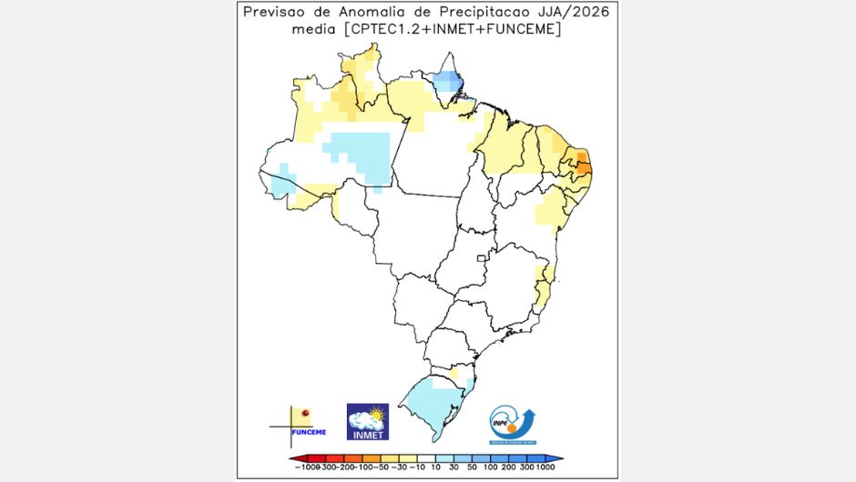 Figura 2: previsão de anomalia de precipitação (mm) do multimodelo Inmet+CPTec+Funceme para o trimestre de junho, julho e agosto (JJA) de 2026