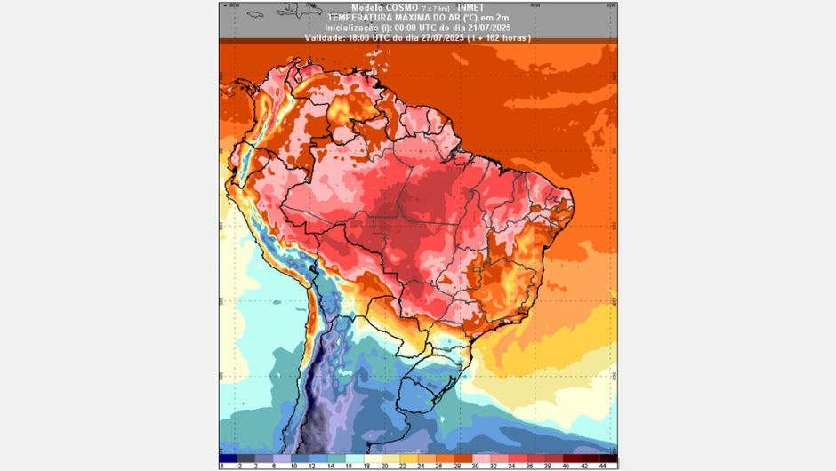 Figura 2: previsão de temperatura máxima para o dia 27 de julho de 2025 às 15h (horário de Brasília); fonte: Inmet
