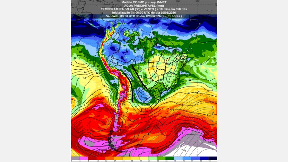 Previsão do campo de água precipitável (quantidade de água disponível para precipitação) para as 00h (horário de Brasília) de quarta-feira, 12 de agosto de 2026; fonte: Inmet