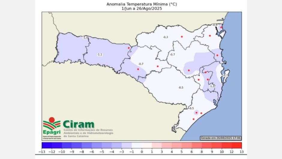 Figura 1 – anomalias de temperatura em SC, máxima e mínima, no trimestre junho, julho e agosto de 2025/ fonte: dados monitorados na Rede Epagri/Ciram e estações de terceiros (sujeitos à correção posterior)