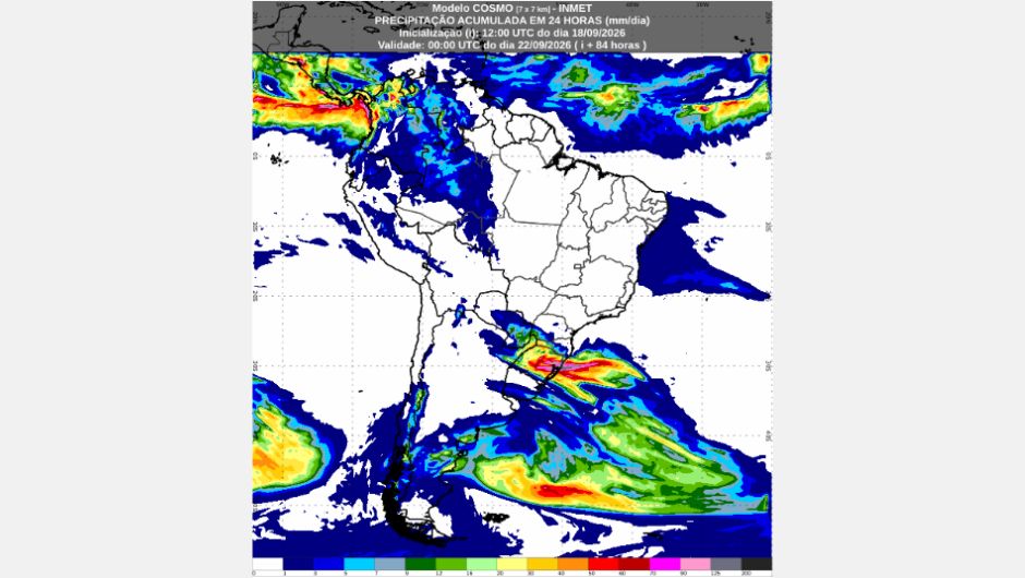 Previsão de chuva acumulada (mm) de sexta-feira (18/9) até o final da noite de segunda-feira (21/9)