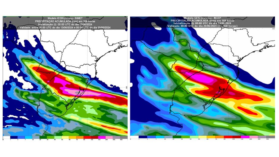 Figura 1: precipitação (chuva) acumulada, em milímetros (mm), até 168h, das 21h (horário de Brasília) desta quinta-feira (13) até as 21h da quarta-feira (19) pelo modelo Cosmo 7km Inmet