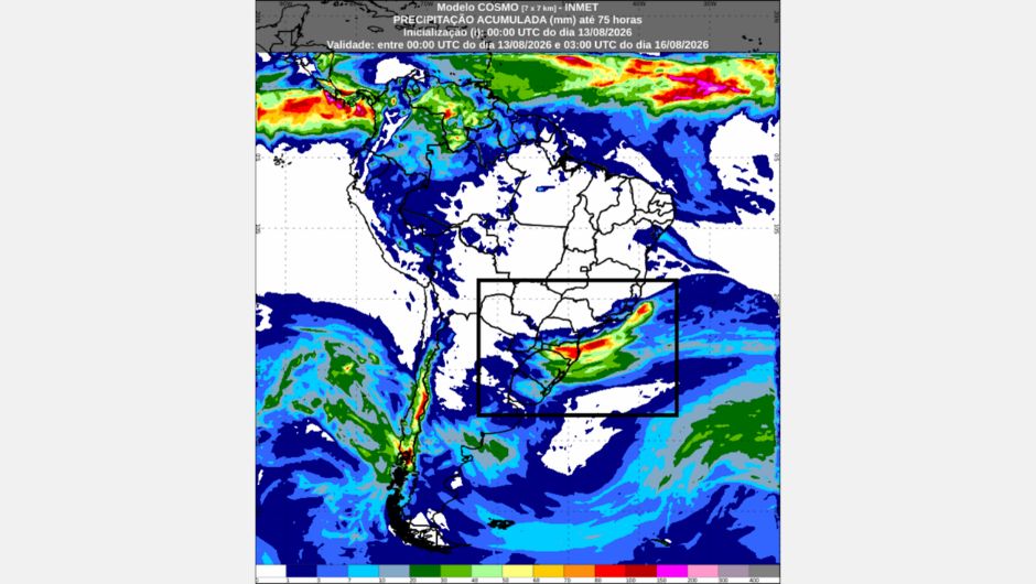 Previsão de chuva acumulada (mm) até as 0h (horário de Brasília) de domingo, 16 de agosto de 2026