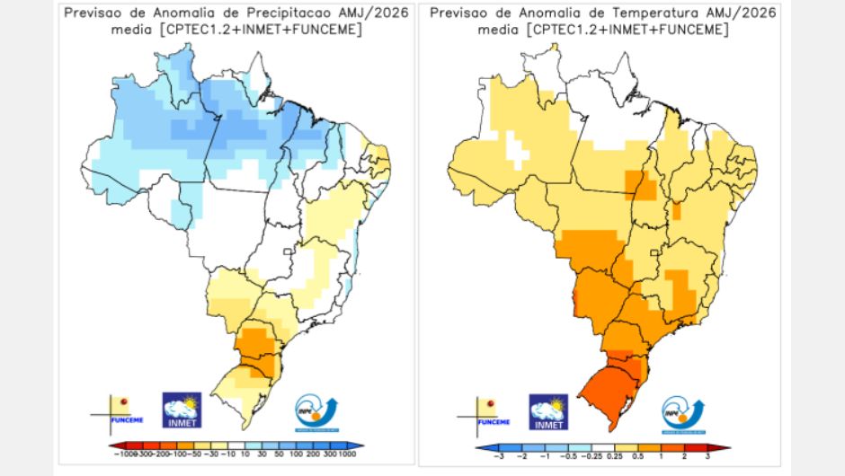 Previsão de (a) anomalias de precipitação (mm) e (b) temperatura média do ar (ºC) do multimodelo Inmet+CPTec+Funceme para o trimestre abril-maio-junho (AMJ) de 2026