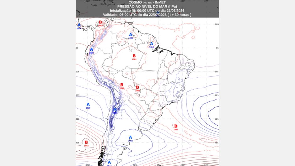 Previsão de pressão ao nível do mar às 3h (horário de Brasília) de quarta-feira, 22 de julho de 2026, obtida a partir do modelo de previsão numérica do tempo Cosmo; fonte: Inmet