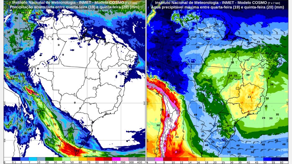 Previsão de chuva acumulada (mm) entre quarta-feira (19) e quinta-feira (20) e previsão do valor máximo de água precipitável (quantidade de água disponível para precipitação, em milímetros), entre quarta-feira (19) e quinta-feira (20); fonte: Inmet